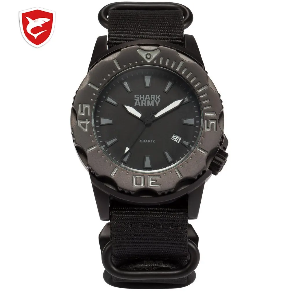 Online SHARK ARMEE Voller Stahl 100m Wasserdicht Datum Display Schwarz Nylon Band Leucht Hände Reloj Military Sport Quarz Männer Uhr  SAW193