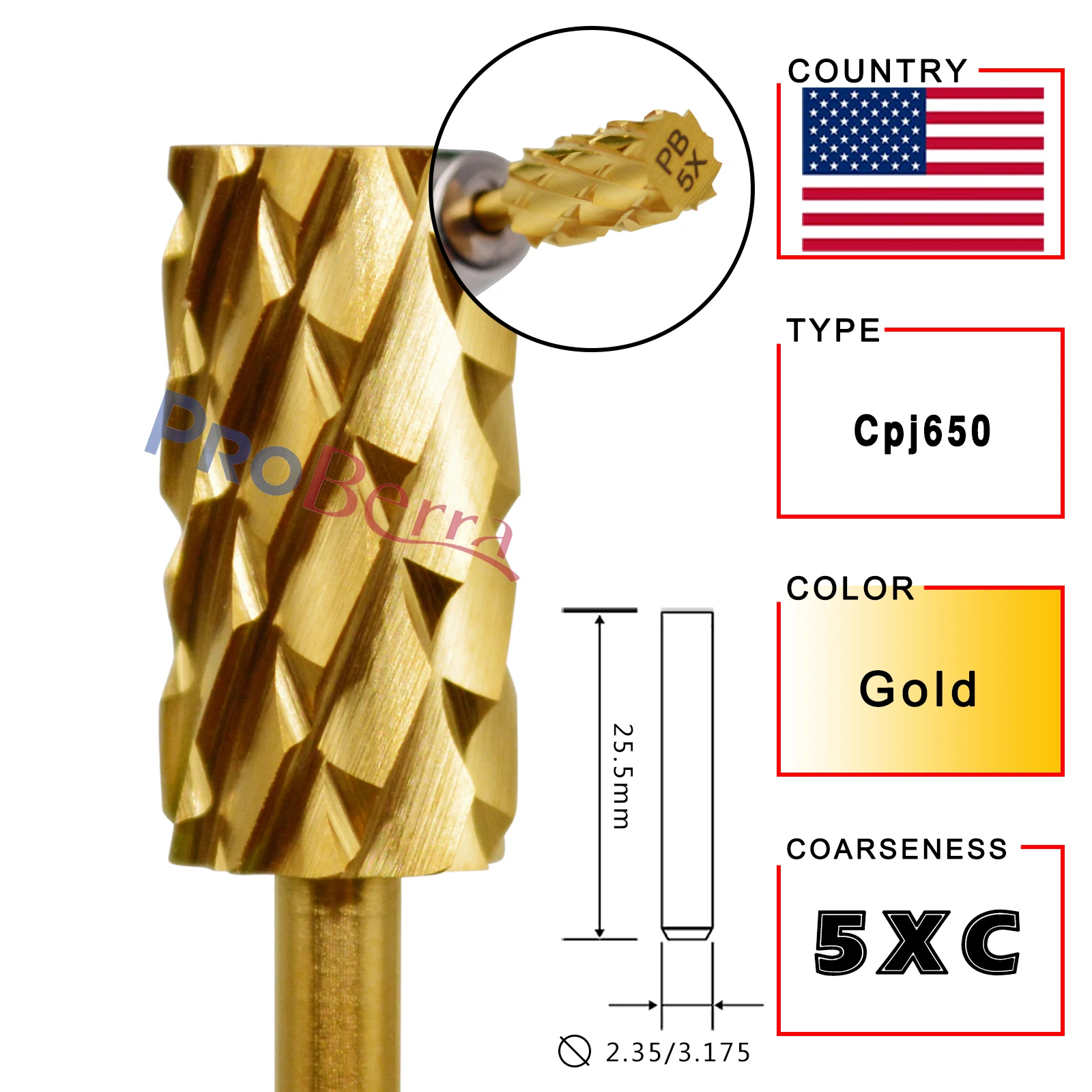 RolinStar 6.6 Large Barrel Gold Tungsten steel Carbide nail drill bits Nail Art Tools Burrs 3/32" Manicure Accessories 3