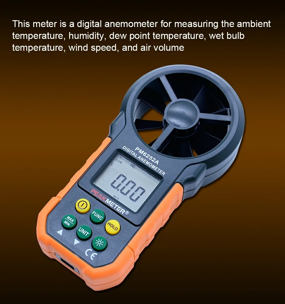 PEAKMETER PM6252A цифровой анемометр Ручной ЖК-электронный измеритель скорости ветра и объема воздуха с подсветкой