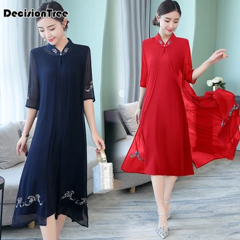 

2020 chinese dress qipao suits mandarin collar embroidery cheongsam satin qipao robe traditional chinese dress Casual cardigan