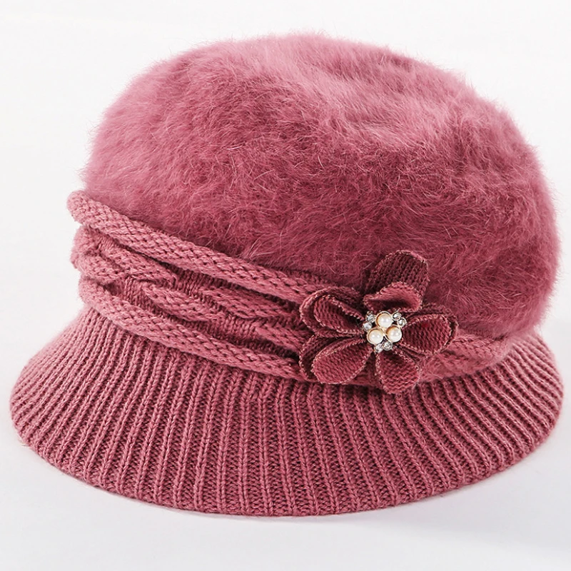 Flower Fresh Pink HT2833 шапка из кроличьего меха осень-зима, шапки для женщин, Толстая теплая вязаная шапка с жемчугом и цветком, женская шапка с широкими полями - Цвет: Flower Fresh Pink