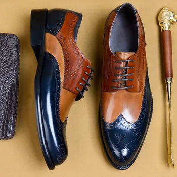 

Genuine Cow Leather Men's Dress Shoes Fashion Elegant Formal Brogue Shoes Men Lace-up Office Oxford Shoes For Men Black EU 46