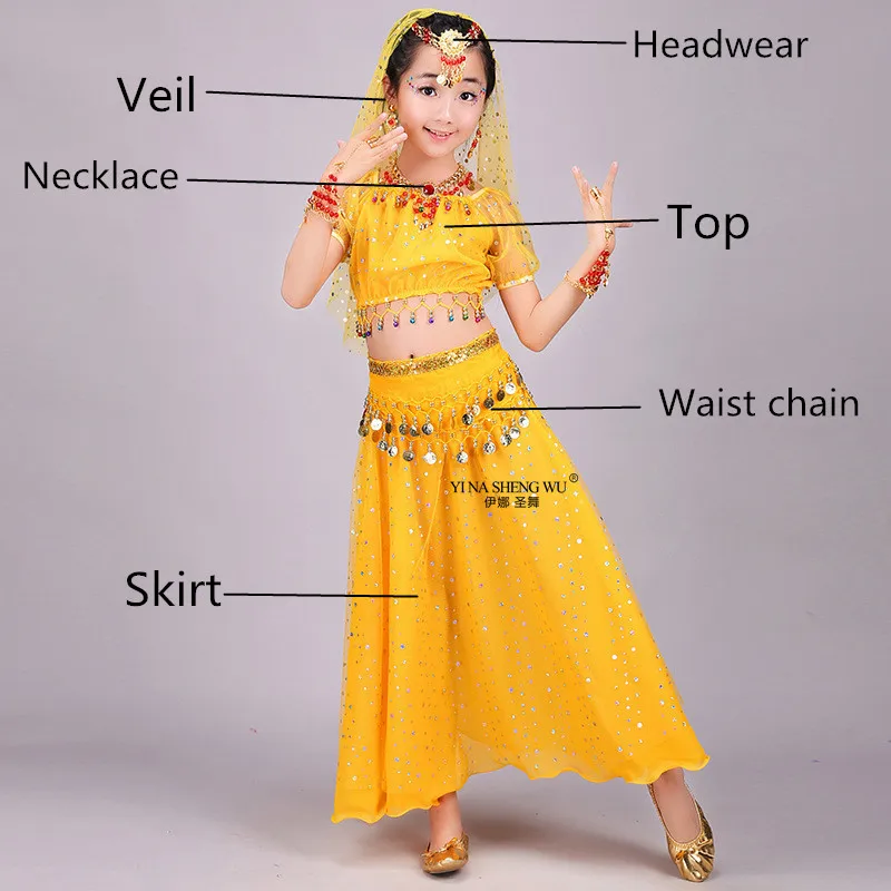 Yellow 6pcs Детский костюм для танца живота, Болливуд, восточное платье для танца живота, комплект, индийский Египетский топ, юбка, Одежда для танцев для девочек, новинка, 8 шт - Цвет: Yellow 6pcs