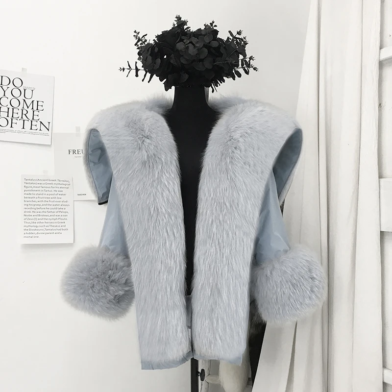 blue with blue fur Rf1941B Роскошный натуральный мех пальто женская пуховая подкладка высокий уличный супер большой меховой воротник натуральный мех парка Съемная зимняя куртка - Цвет: blue with blue fur