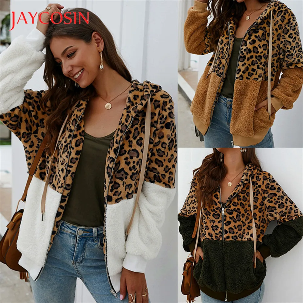 Jaycosin одежда Зимний женский леопардовый принт пальто из искусственного меха женская Повседневная теплая открытая стежка свитер модная куртка на молнии