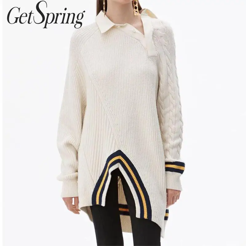 

GetSpring Women Sweaters Inclined Collar Striped Stitching Long Sleeve Knit Sweater Loose Woman Long Sweaters Fashion Knit Tops