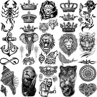 Lion Tiger Elephant Wolf Temporary Tattoos For Women Adult Men Skull Mandala Anchor Crown Fake Tattoo Neck Arm Hands Small Tatoo