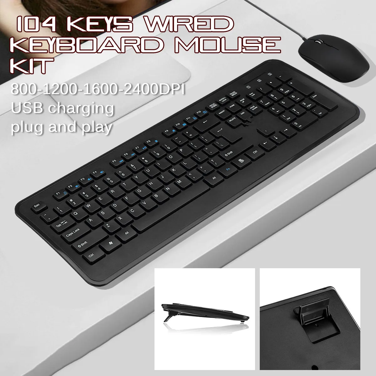 104 клавиш 2400 dpi 1,5 м кабель usb зарядка Проводная клавиатура мышь комплект оптическая Эргономика Plug and Play черный