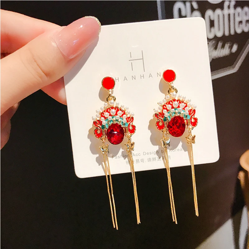 Creative Drop Earrings Chinese Traditional Beijing Opera Face Red Crystal Women Long Tassel Pearl Jewelry Party Gift | Украшения и