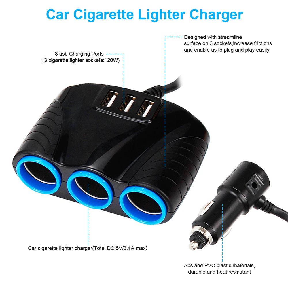 TOSPRA 3 USB Port 3 Way 3.1A Blue Led Car Cigarette Lighter Socket Splitter Hub Power Adapter 12V-24V For IPad Smartphone