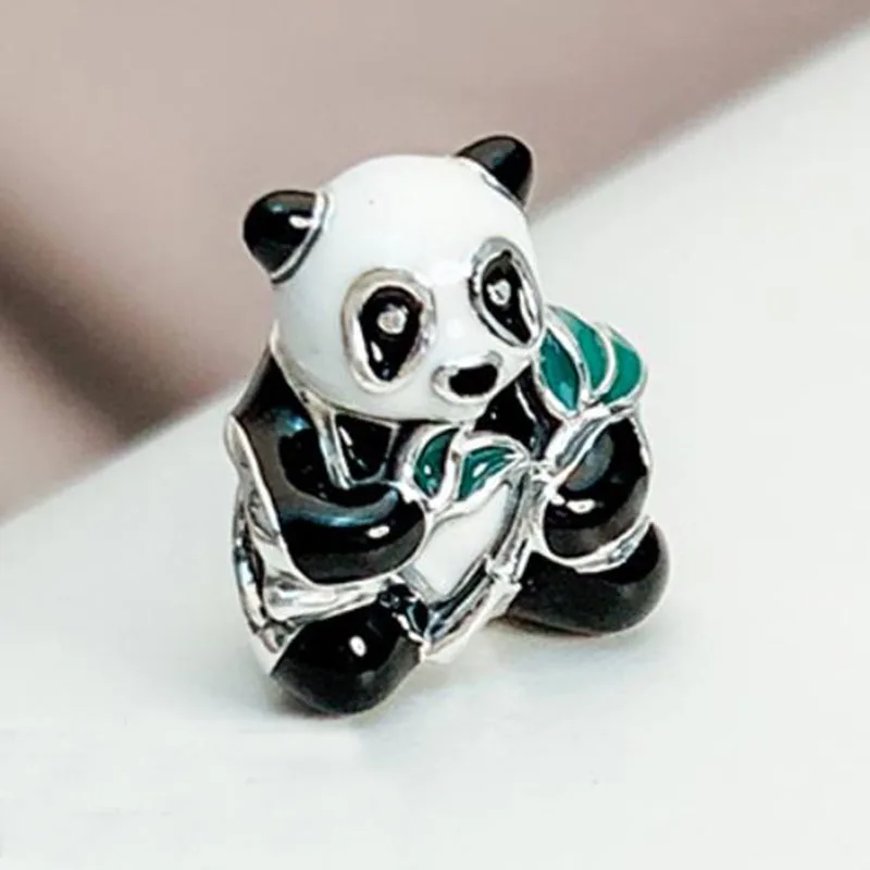 

100% 925 Sterling Silver Bead Sweet Panda Embraces Green Bamboo Beads Fit Pandora Women Bracelet & Necklace Diy Jewelry