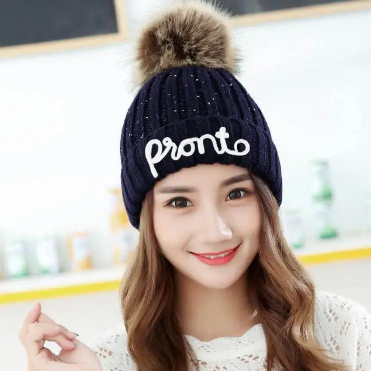 blue Толстые зимние однотонные вязаные шапки Skullies, женская теплая шерстяная шапка, модная шапка с меховым помпоном, модная женская Шапка-бини - Цвет: blue