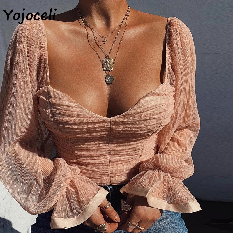 Yojoceli, сексуальные сетчатые блузки в горошек, рубашка для женщин, с открытыми плечами, boho, пляжные кружевные блузки, рубашка, топ, женские короткие блузки