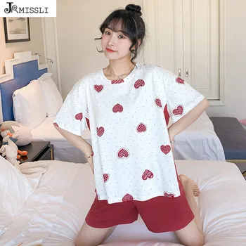 

JRMISSLI Summer Love heart Cotton Pajamas Set Women Pyjamas Sleepwear Loose Pijama Mujer Home Clothes Night suit