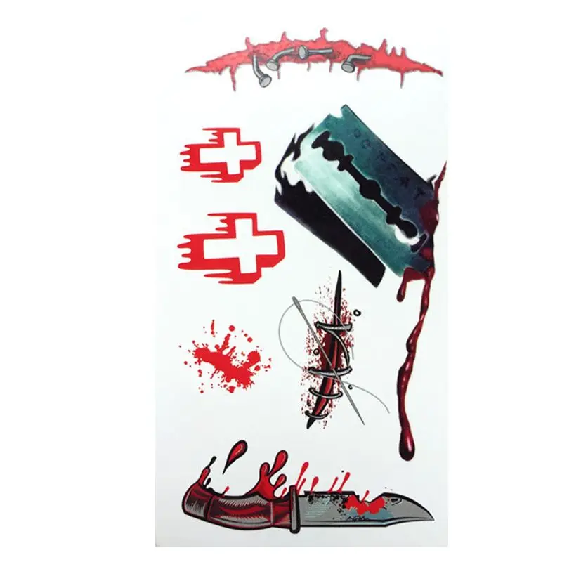 10 Sheets Halloween Waterproof Temporary Tattoo Sticker Horror Realistic Fake Bloody Wound Stitch Scar Scab Cosplay Makeup Props - Цвет: F