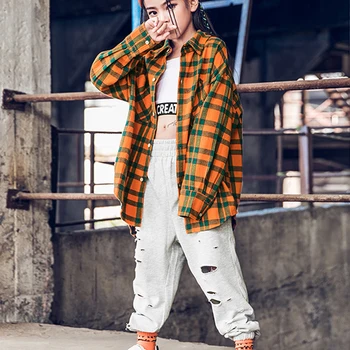 

Children Street Dance Costume Boys HipHop Long Sleeve Plaid Shirt Girls Jazz Dance Tide Clothes Kids Catwalk Show Outfit DQL2643