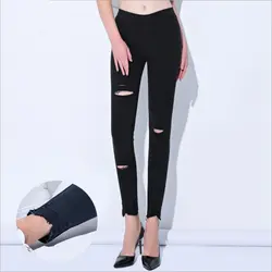 Высокая Эластичность джинсы колено отверстия женские трусы средней посадки эластичные брюки для девочек карандаш брюки 9-PDSX-TX