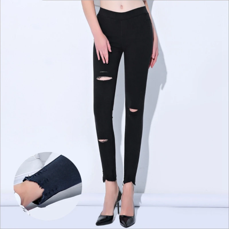 

High elasticity jeans knee holes Mid Waist Women Elastic Trousers For Girls pencil pants 9-PDSX-TX