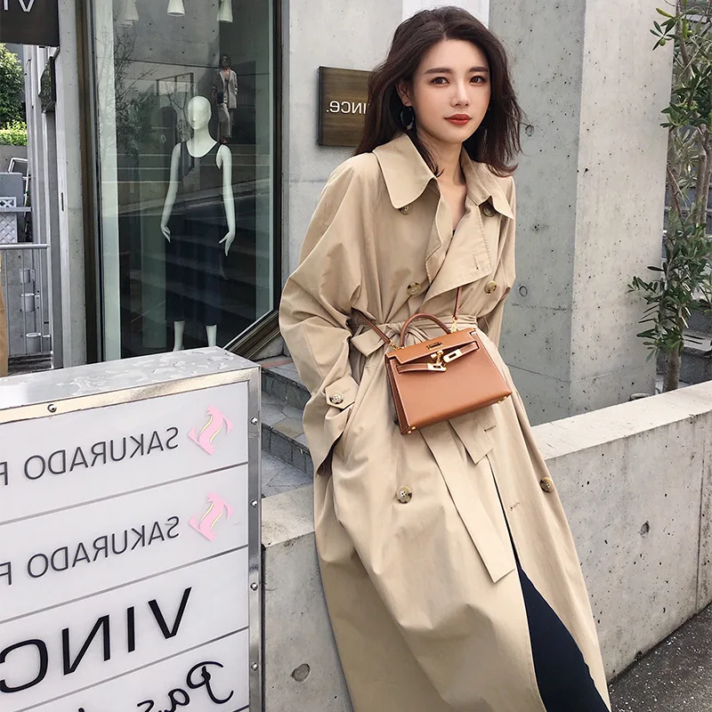 

New Fashion 2019 Fall /Autumn Casual Double breasted Simple Classic Long Trench coat with belt Chic Female windbreaker