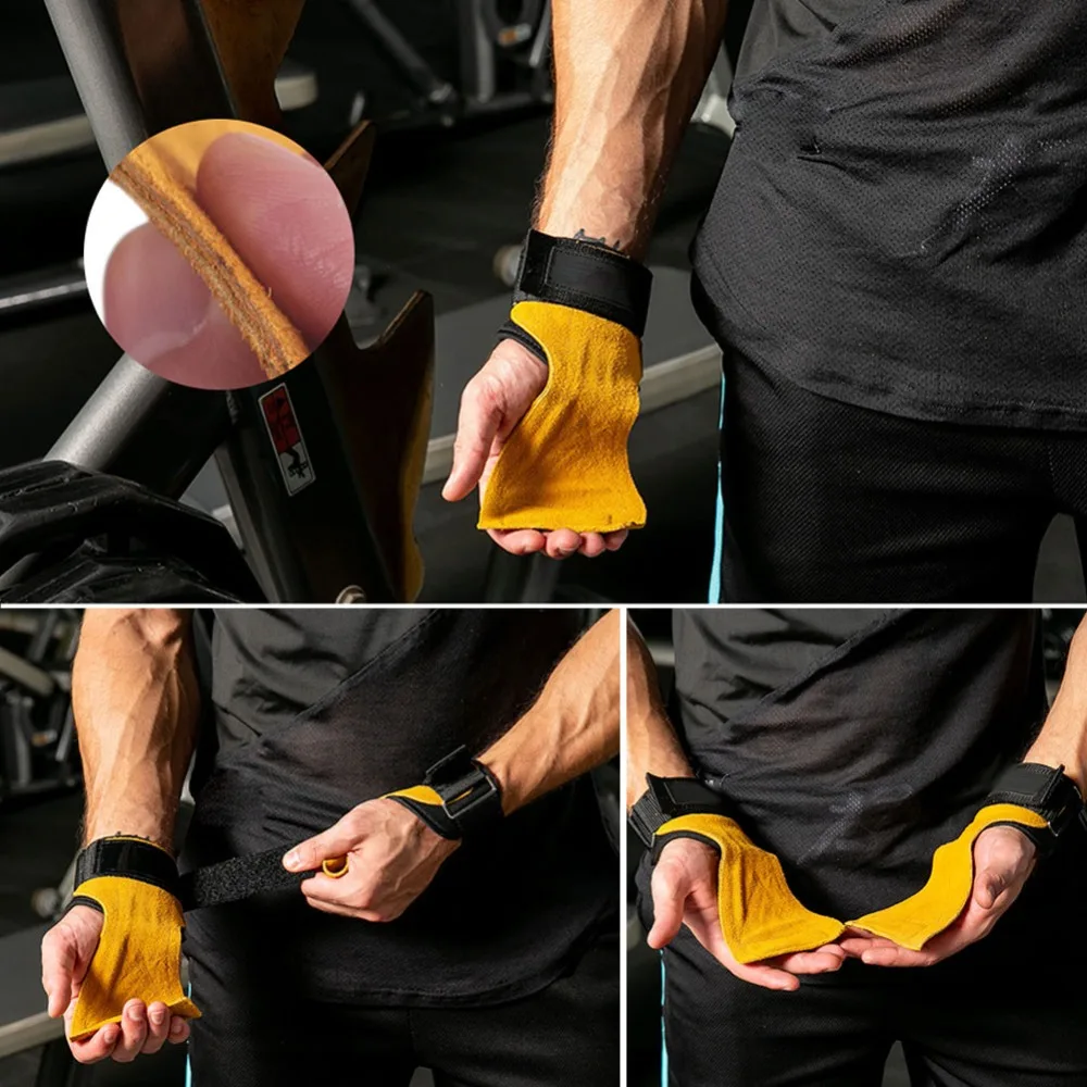 1Pair Cowhide Gym Gloves Grips Protective Anti-Skid Weight Lifting Deadlifts Workout Crossfit Fitness Gloves Palm Protection