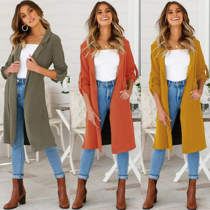 

SWYIVY Trench Women Autumn Solid Turn Down Collar Long Sleeve Bandage Thin Long Coat Female Loose Open Stitch Casual Coats Lady