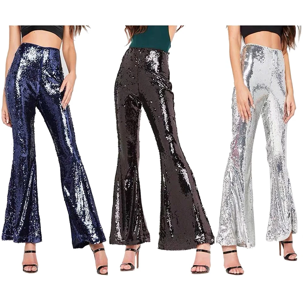 Sexy Shining Sequin Flare Pants for Woman High Waist Flares Culotte ...