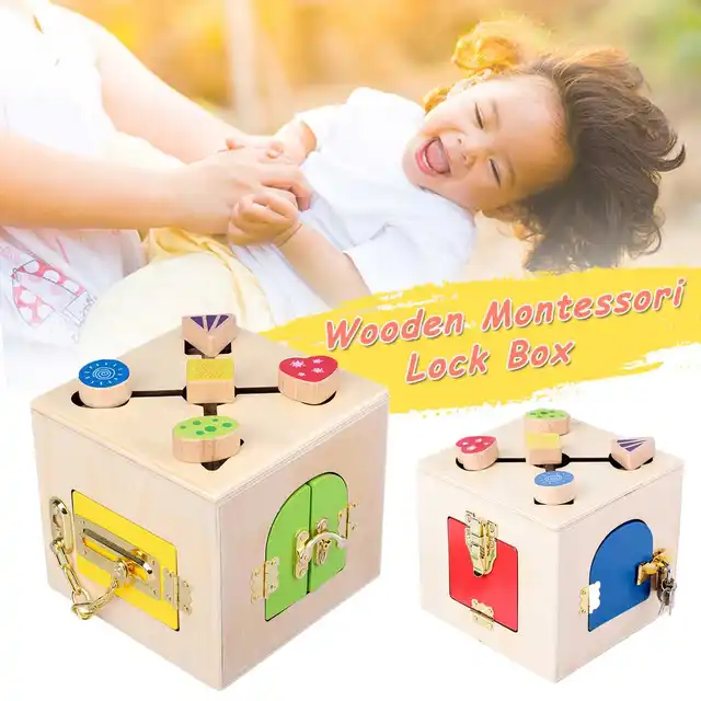 US $28.09 Montessori Materials Practical Life Toy Unlock Building Block Lock Box Educational Wooden Toys For