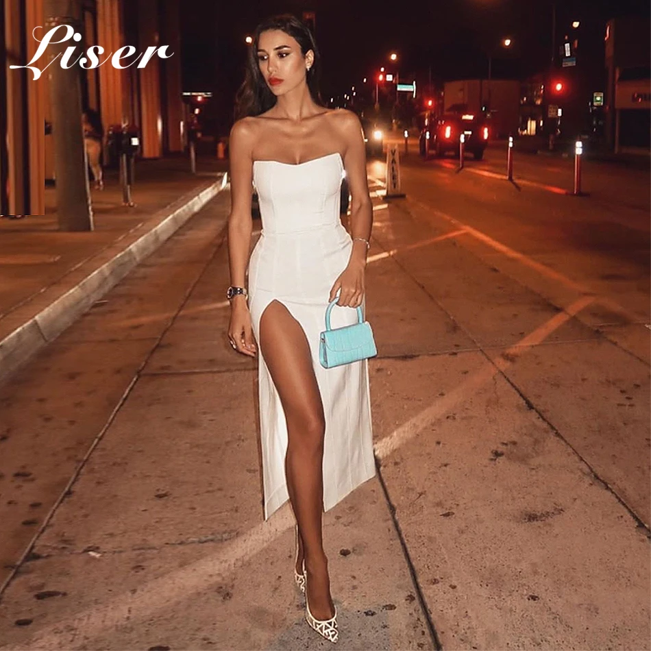 

Liser 2019 New Summer Women Dress Strapless Mid Calf Bandage Dress Sexy Bodycon Elegant Celebrity Party White Dresses Vestidos