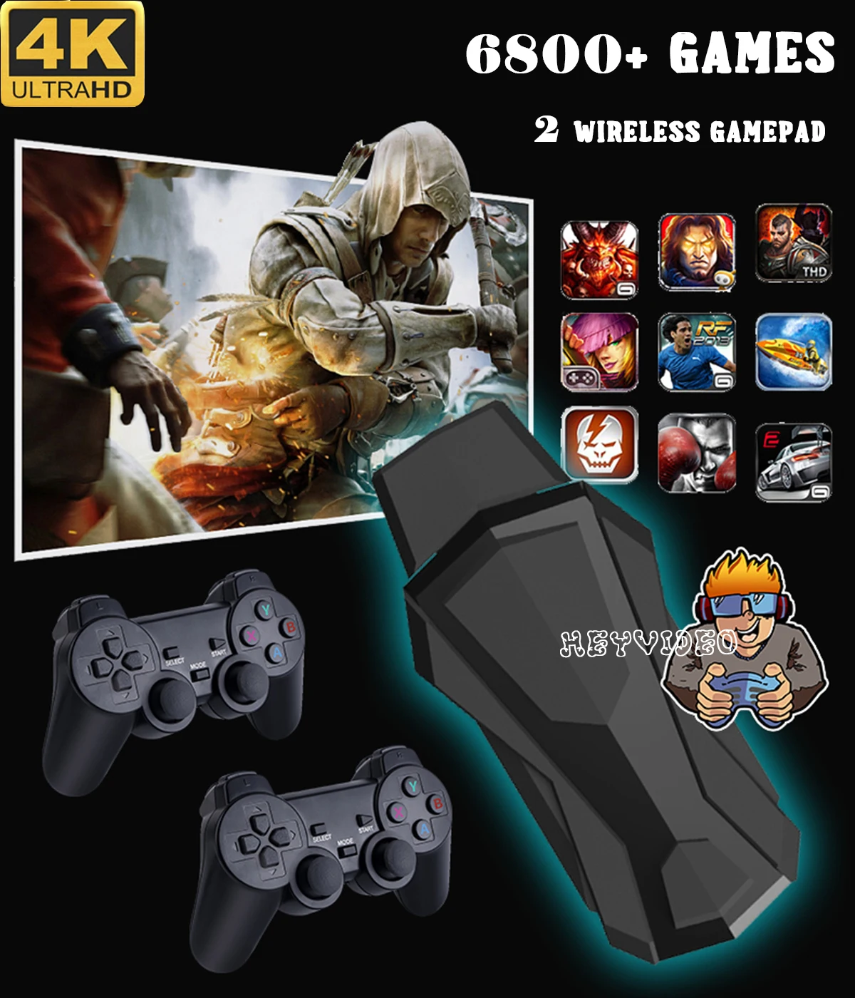 Wireless Video Game Console 4K Game Stick HD Display on TV Projector Monitor Classic Retro 6800 +Games Double Controller Player