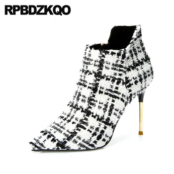 

designer plaid shoes black and white stiletto women boots winter 2019 pointed toe booties short ankle high heel big brand fur