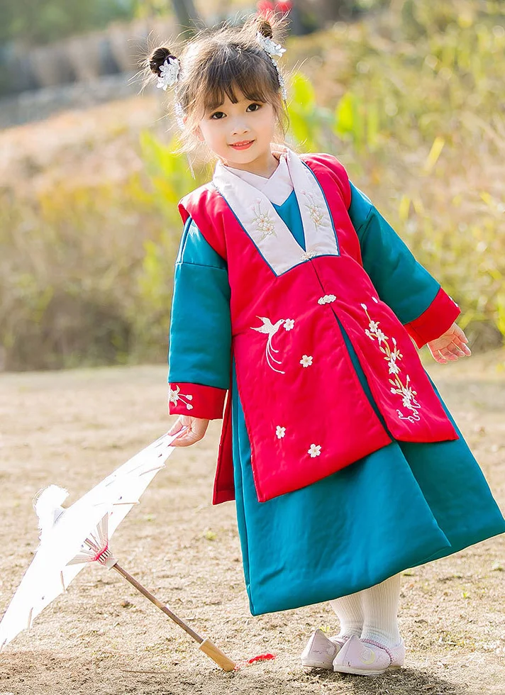 Hanfu/стеганое платье для девочек; зимнее теплое детское платье с вышивкой; детское рождественское платье; одежда принцессы на год - Цвет: red 2