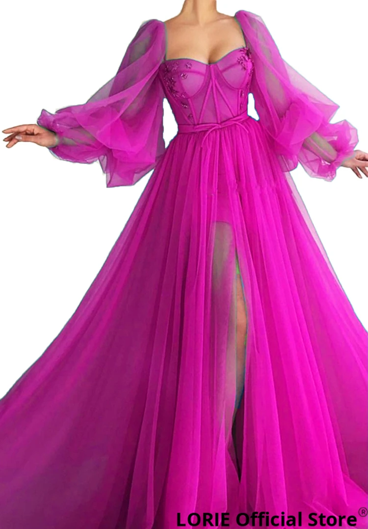 LORIE 2019 Long Puffy Sleeve Blue Prom Dresses Tulle Backless Lacing Evening Gowns Evening Party Gown Robe De Soiree Plus Size