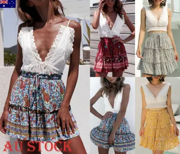 

New Women Floral Print BOHO Mini Skirt Ladies Jersey Gypsy Full A-line Skirts Beach Sweet Sundress 2019