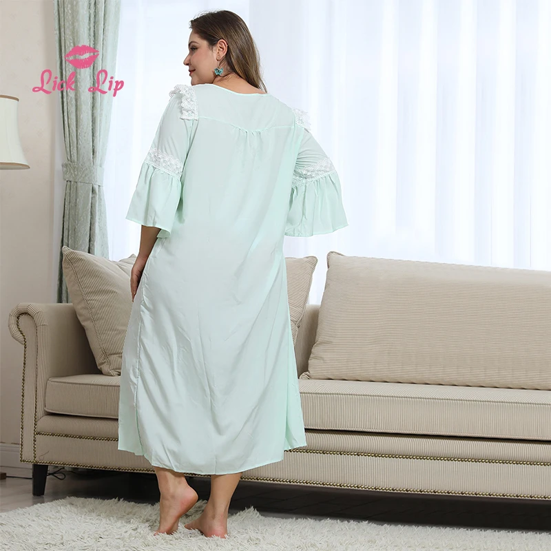 Lick губ плюс размер сшивание кружева Ночная рубашка женщина зеленый Sexi семь-четверть рукав ночная рубашка Досуг свободное домашнее платье SWD15322-3