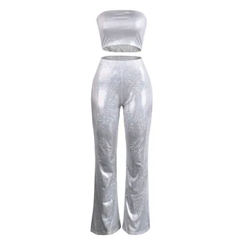 

2020 Summer Sexy Nightclub Party Suits Women Sequin Two Piece Set Skinny Tube Top And Flare Pants Bodycon Gilter 2 Pcs Outfits