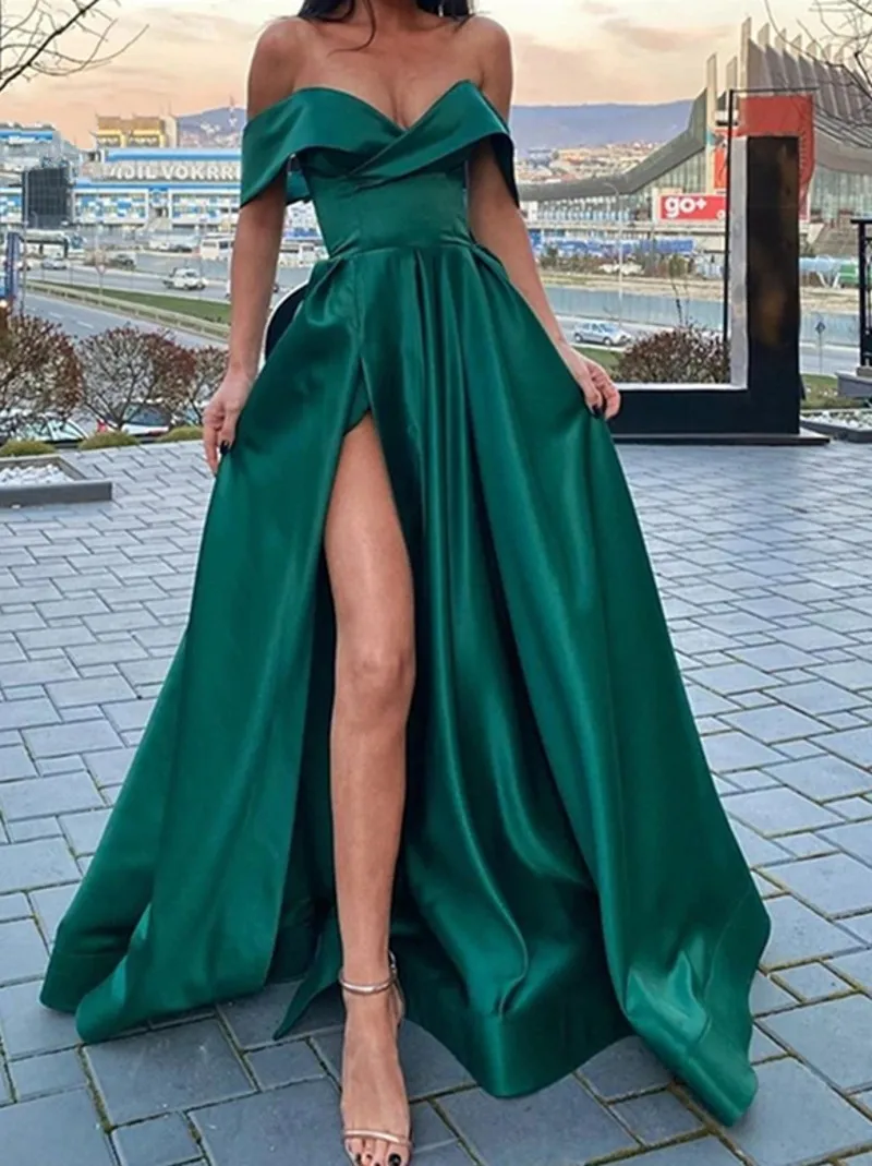 

Off the Shoulder Emerald Green Satin Long Evening Dresses with Leg Slit V-neck Floor Length Arabic Prom Gowns robe de soiree