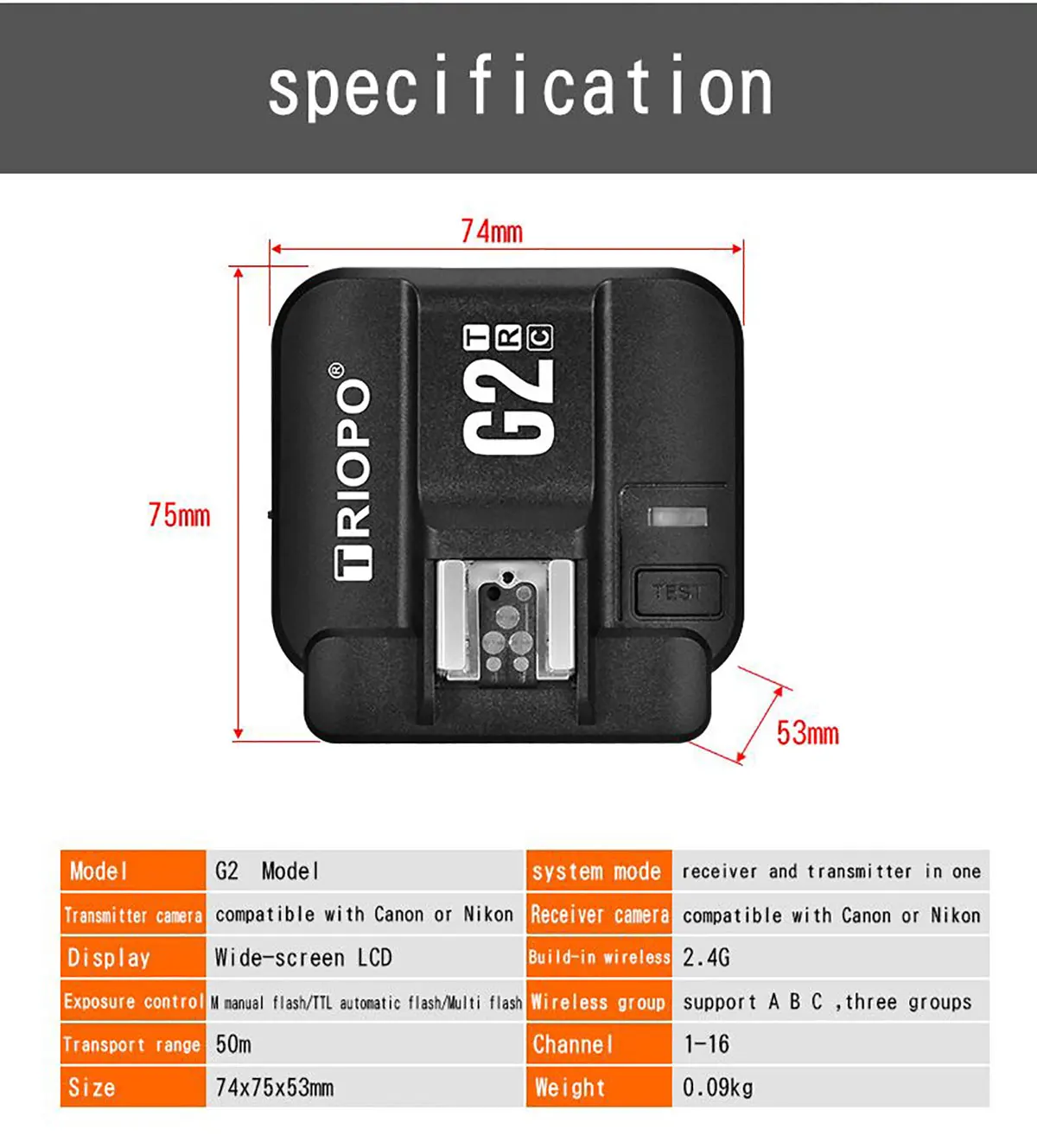 Triopo g2 2.4g sem fio flash gatilho
