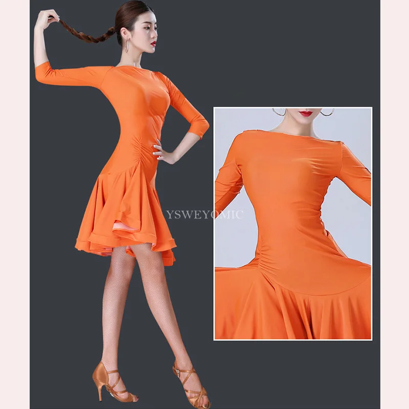 Новая мода платье для латинских танцев женское черное оранжевое бальное Танго Румба латиноамериканские танцы костюм рукав тренировка юбка для латинских танцев