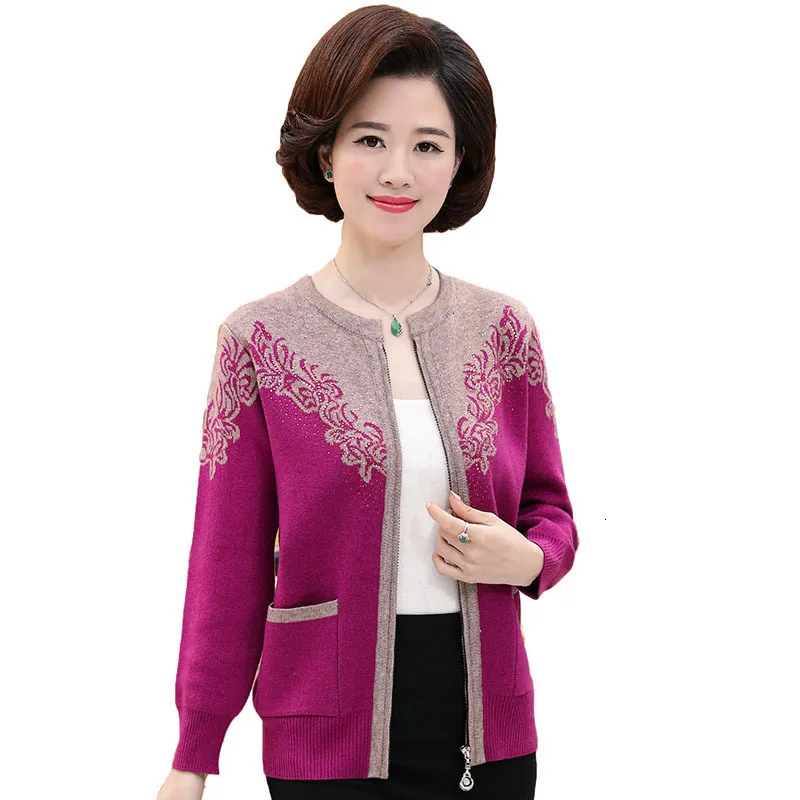 

New Autumn Women Knit Wool Jacket Middle Aged Mother Zipper Sweater Cardigan Casual Tops Loose Large Ladies Size Coat Size 5XL