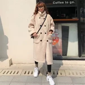 JuneLove женские зимние пальто из искусственного меха винтажные двубортные Женские Длинные Пальто повседневные уличные женские теплые толстые плюшевые пальто верхняя одежда - Цвет: BE