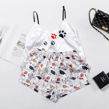 

HECHAN Pattern Dog Footprints Female Pajamas Sexy Sleeveless Cropped Top Satin Women Sleepwear Elastic Waist Shorts Nightwear
