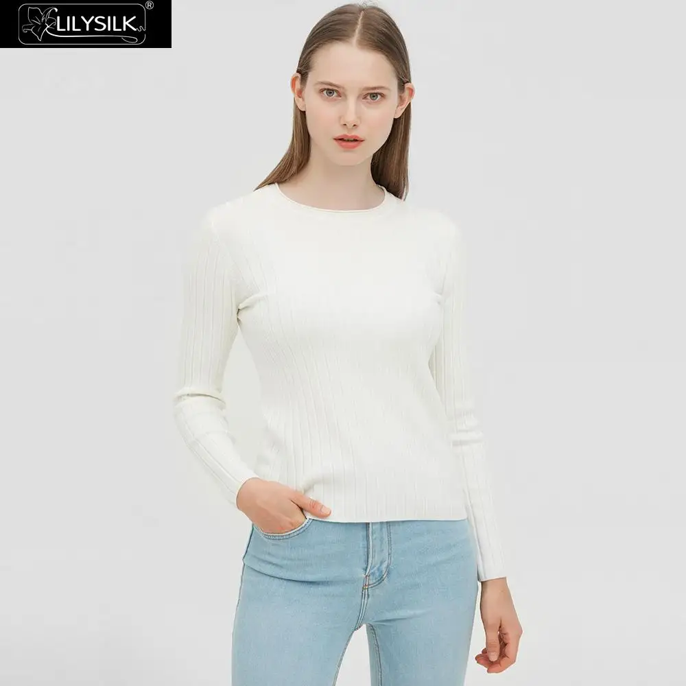 White LilySilk свитер из шелка и шерсти в рубчик мягкий женский - Цвет: White