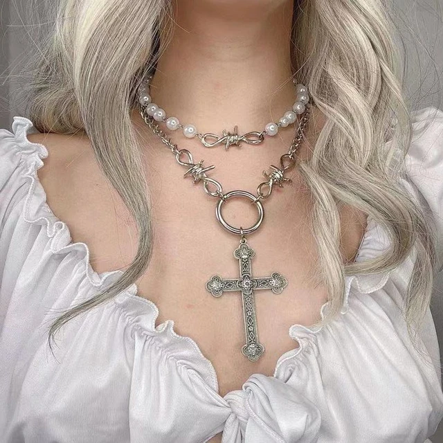 Amazon.com: Multilayer Pearl Cross Necklaces for Women Girls Gothic Cross  Pendant Necklaces Y2K Thorn Necklaces Vintage Floral Cross Choker Hip Hop  Punk Jewelry Gifts (A): Clothing, Shoes & Jewelry