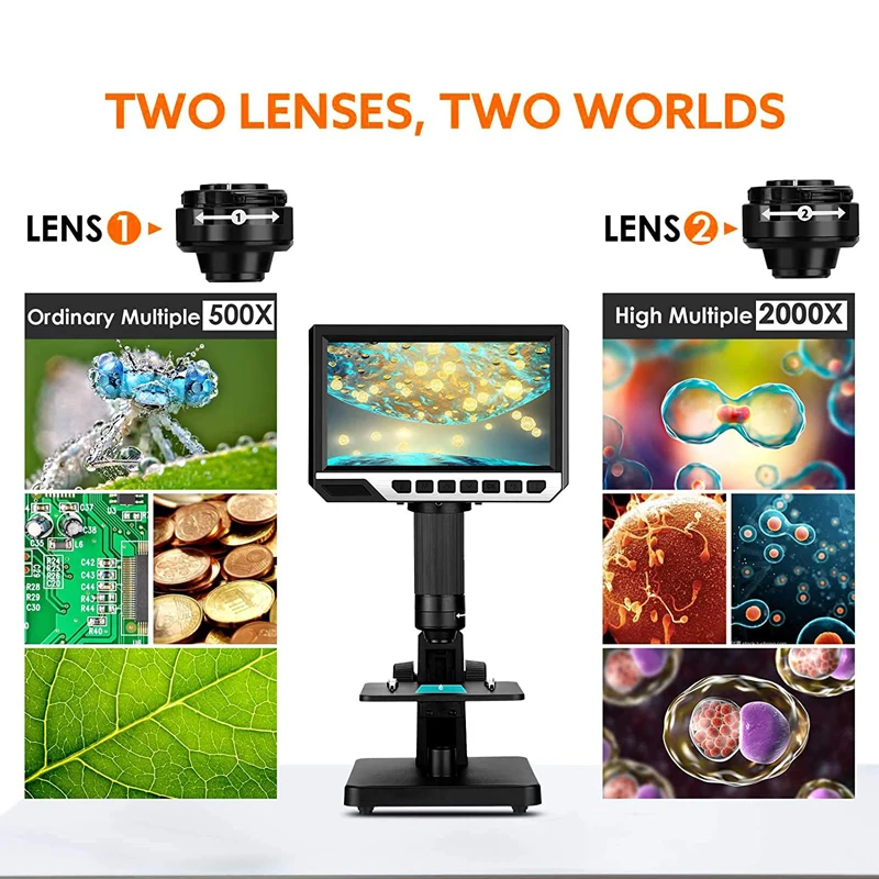 7 LCD 디지털 현미경 듀얼 렌즈 2000X 현미경 12MP HD 카메라 동전 PCB 회로에 대 한 USB 전자 산업 돋보기