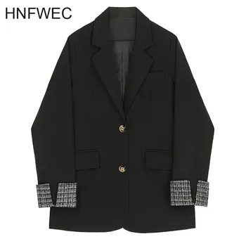 

Women Black Plaid Split Joint Blazer New Lapel Long Sleeve Loose Fit Jacket Fashion Tide Spring Autumn 2020 V100