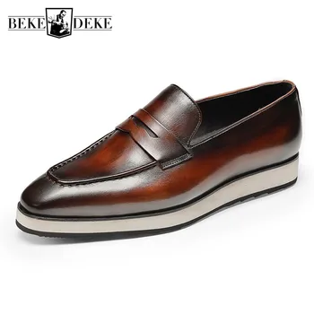 

Men Retro Real Leather Loafers Brand Business Formal Casual Shoes Platform Sneakers Slip-On Luxury Wedding Party Shoes 37-44