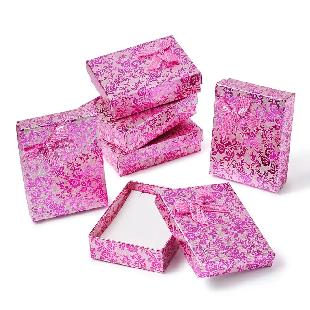 Rectangle Cardboard Jewelry Set Boxes, with Bowknot Outside and Sponge Inside, for Necklaces and Pendants, PearlPink, 93x72x29mm