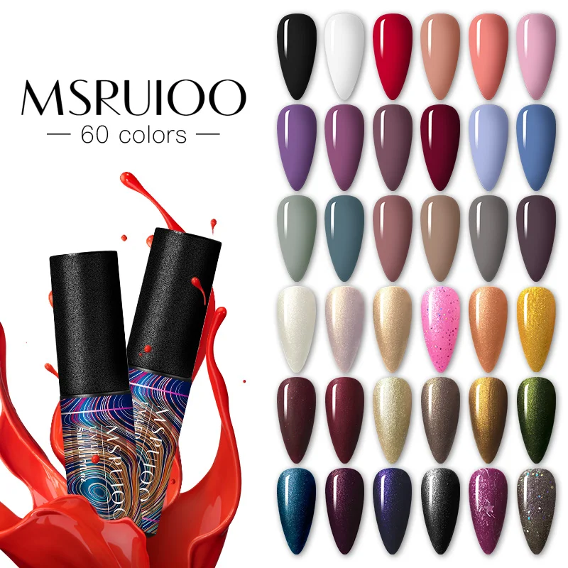 

MSRUIOO 5ml 60 Colors Gel Polish Pure Color Nail Gel Lacquer Soak Off UV Gel Varnish Nail Art Base Coat No Wipe Top Coat Lacquer