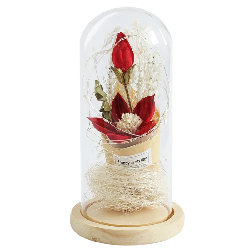 

TOP Beauty And The Beast Imitated Lily Flower LED Light Glass Dome Display Wood Base Desk Wedding Decor Miniature Fugurine Warm