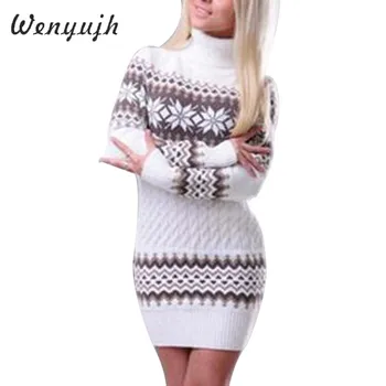 

2020 Autumn Winter Sweater Women Long Sleeve Sweater Dress Female Long Patchwork Knitwear Turtleneck Pullover
